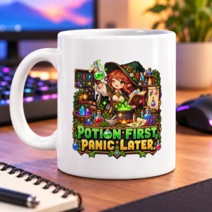 Pixel-art potion maker with bubbling brews and the text “POTION FIRST, PANIC LATER.” – white 11oz mug