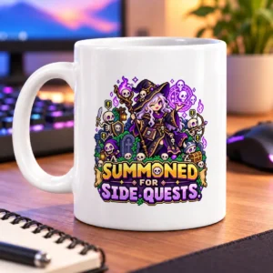 Pixel-art spellcaster surrounded by skeletons, glowing magic, and bold side-quest lettering – white 11oz mug