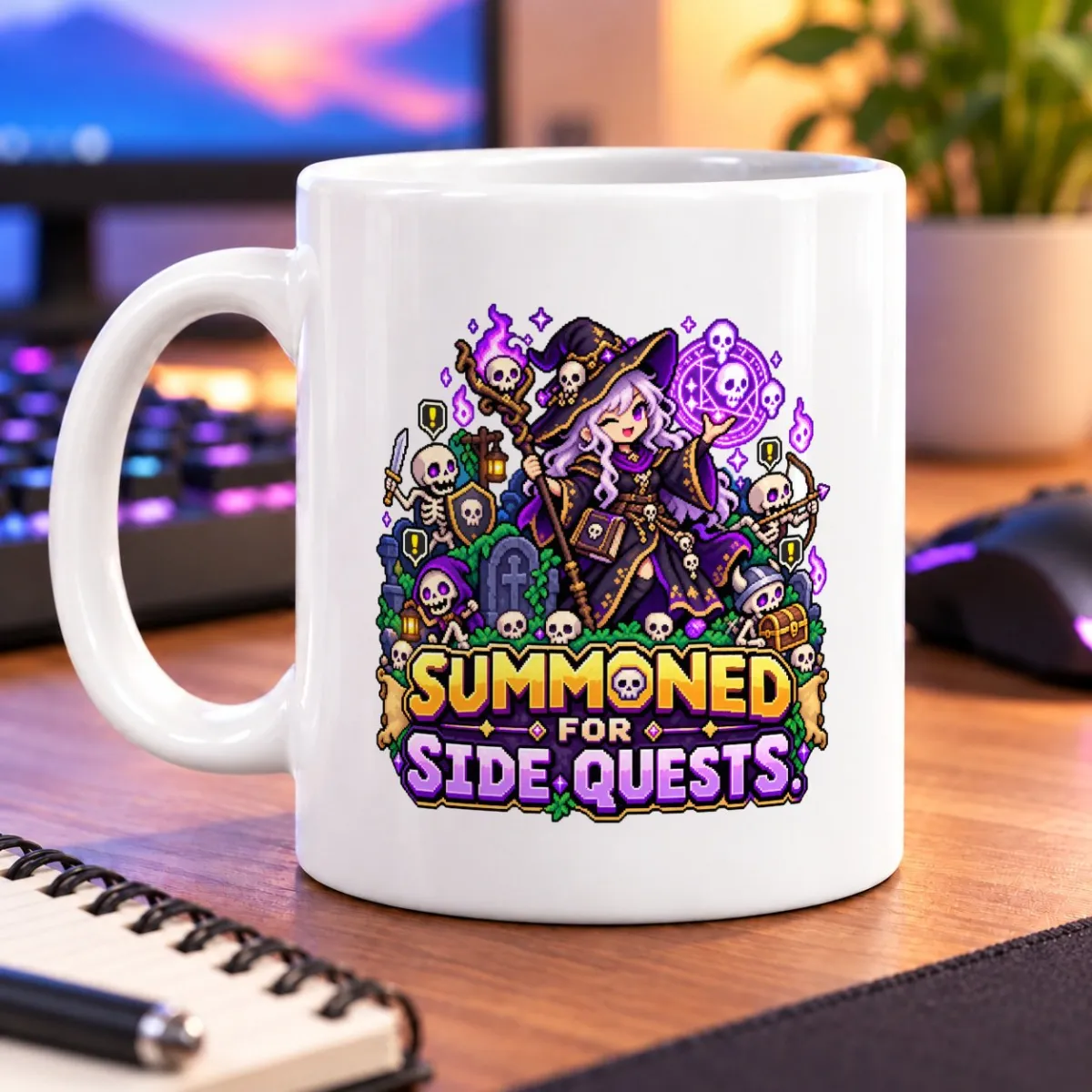 Pixel-art spellcaster surrounded by skeletons, glowing magic, and bold side-quest lettering – white 11oz mug