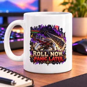 Pixel-art hooded adventurer rolling through a fantasy battle beneath a bold slogan – white 11oz mug