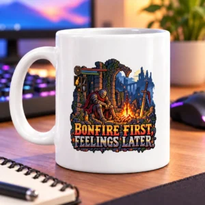 Pixel-art knight resting beside a bonfire among crumbling ruins, with a sword and castle in the distance – white 11oz mug