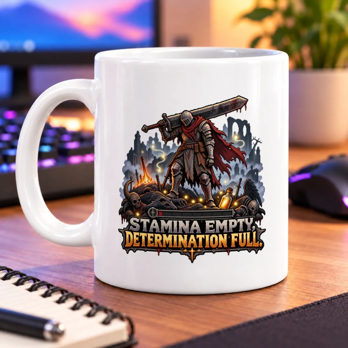 Pixel-art knight with a massive sword among fallen foes, embers, and the text “STAMINA EMPTY, DETERMINATION FULL.” – white 11oz mug