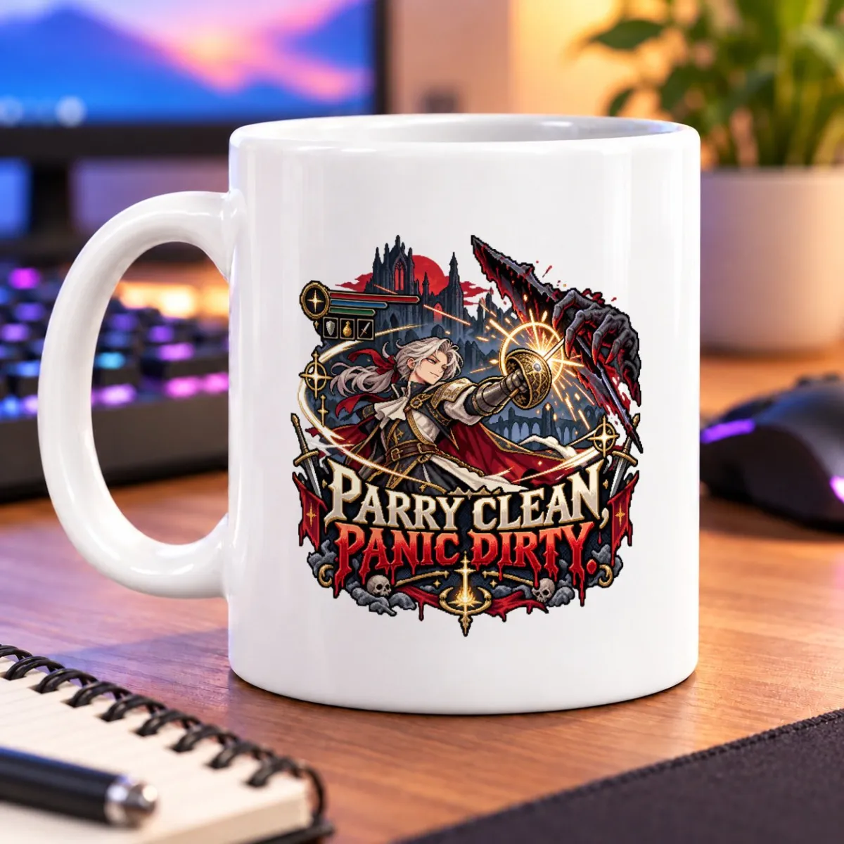Pixel-art fantasy warrior parrying a dark foe amid glowing sparks and dramatic gothic scenery – white 11oz mug