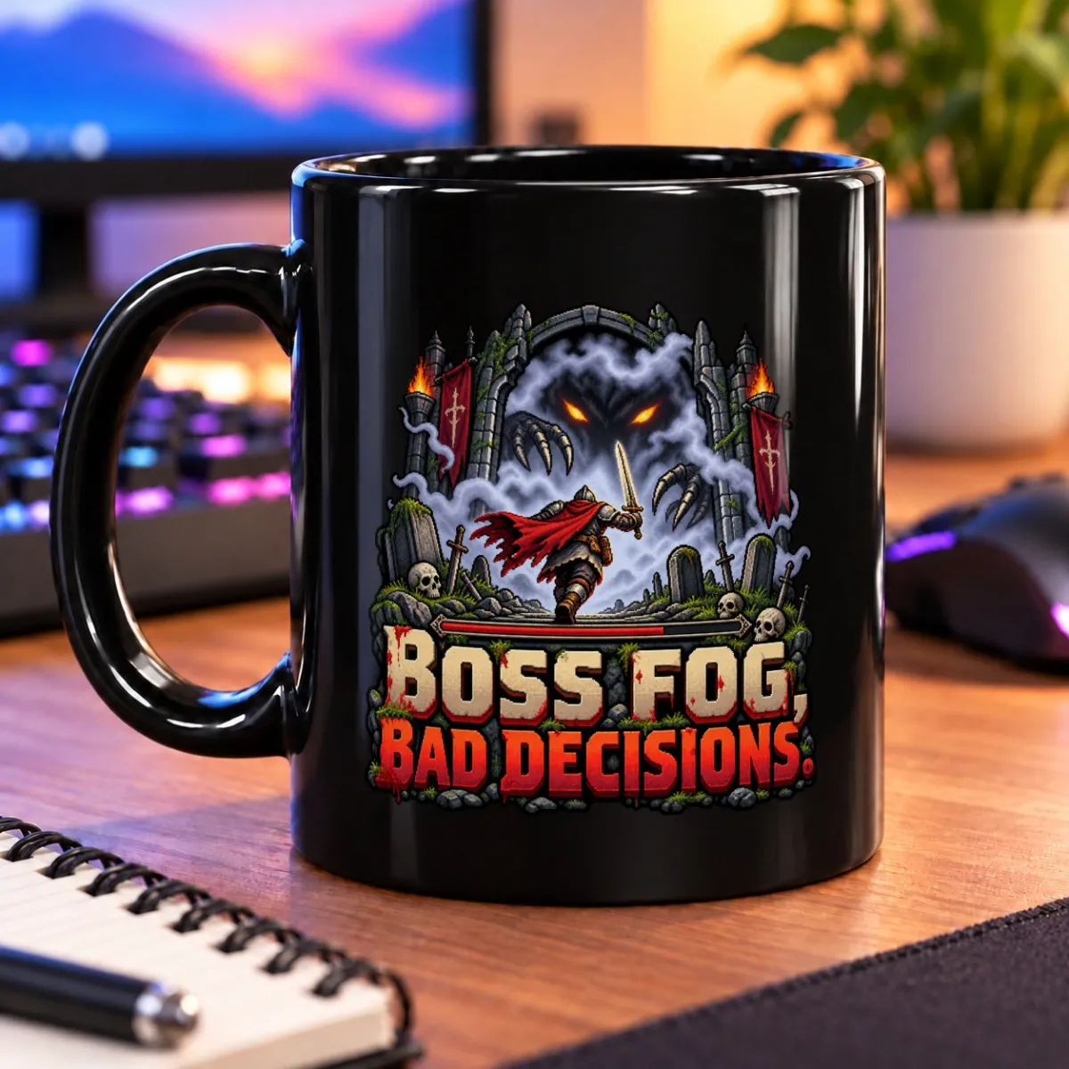 Boss Fog, Bad Decisions – 11oz Mug 3 Pixel-art adventurer faces a shadowy, fog-shrouded boss beneath the words BOSS FOG, BAD DECISIONS – black 11oz mug