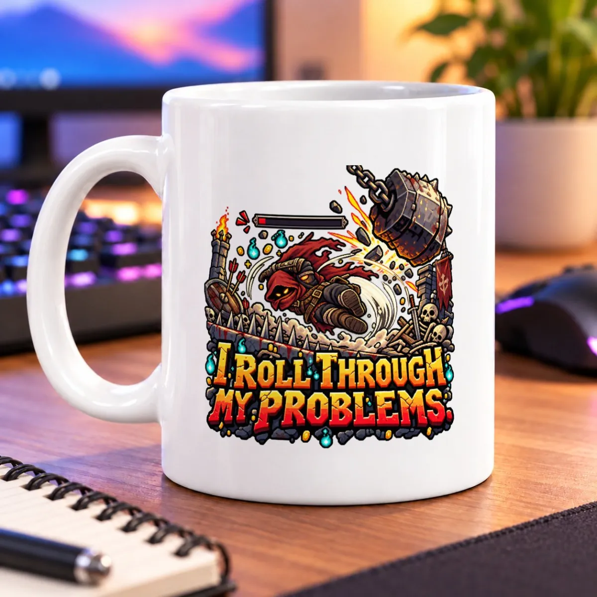 Pixel-art adventurer rolling past a spiked trap beneath “I ROLL THROUGH MY PROBLEMS.” – white 11oz mug