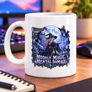 Pixel-art spellcaster conjuring glowing magic beneath a full moon among gothic towers – white 11oz mug