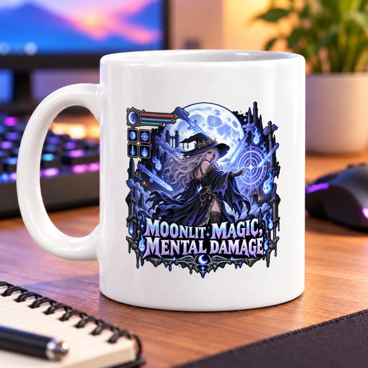 Pixel-art spellcaster conjuring glowing magic beneath a full moon among gothic towers – white 11oz mug