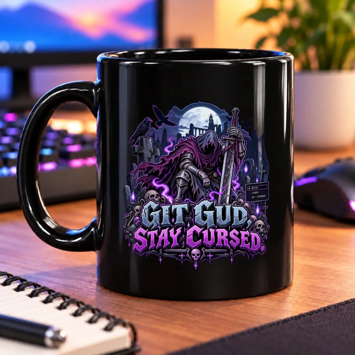 Get Gud, Stay Cursed! – 11oz Mug 3 Gothic pixel-art hooded warrior with a sword, ravens, moonlit graveyard, and bold slogan lettering – black 11oz mug