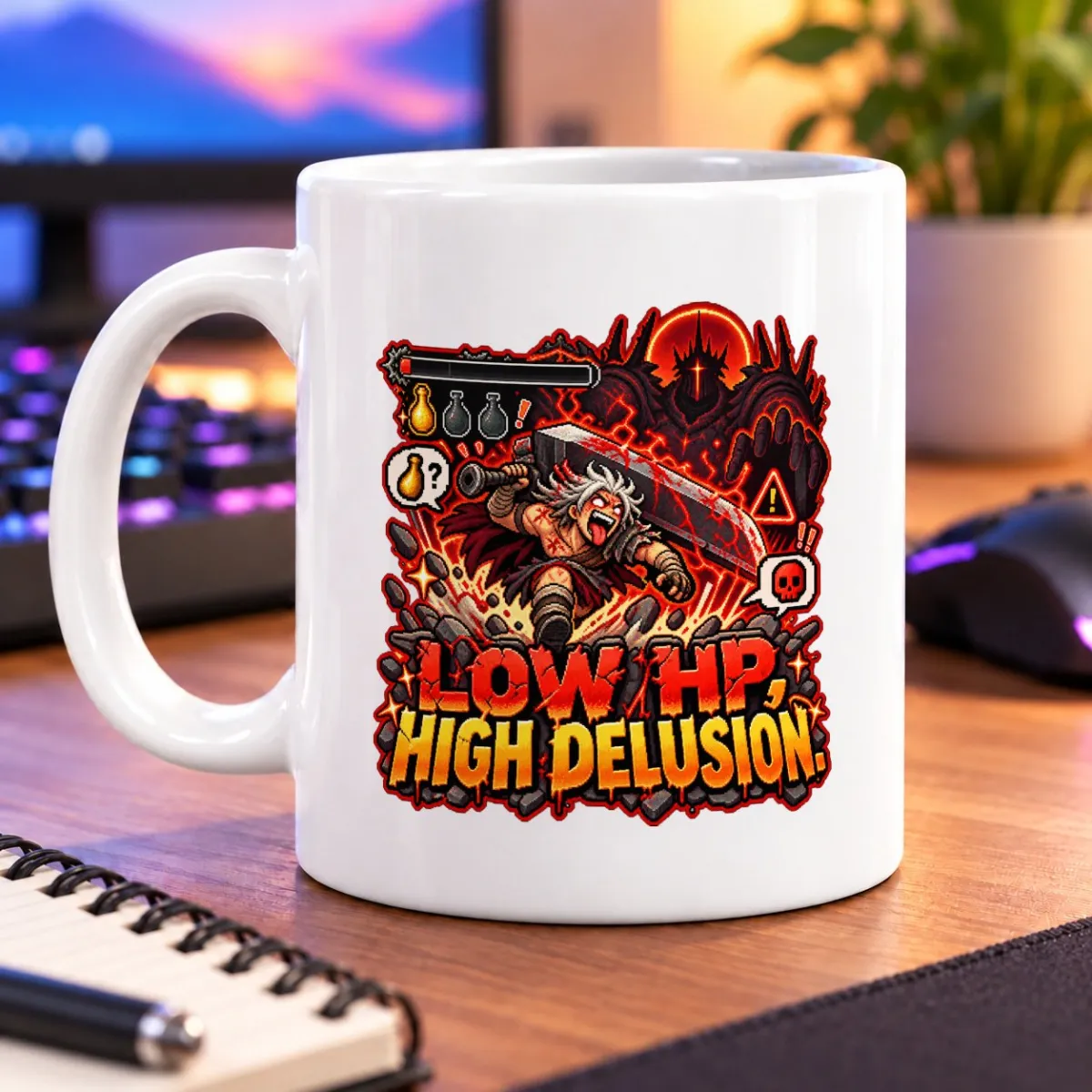 Pixel-art warrior amid fiery warning icons and potions, with “LOW HP, HIGH DELUSION” lettering – white 11oz mug