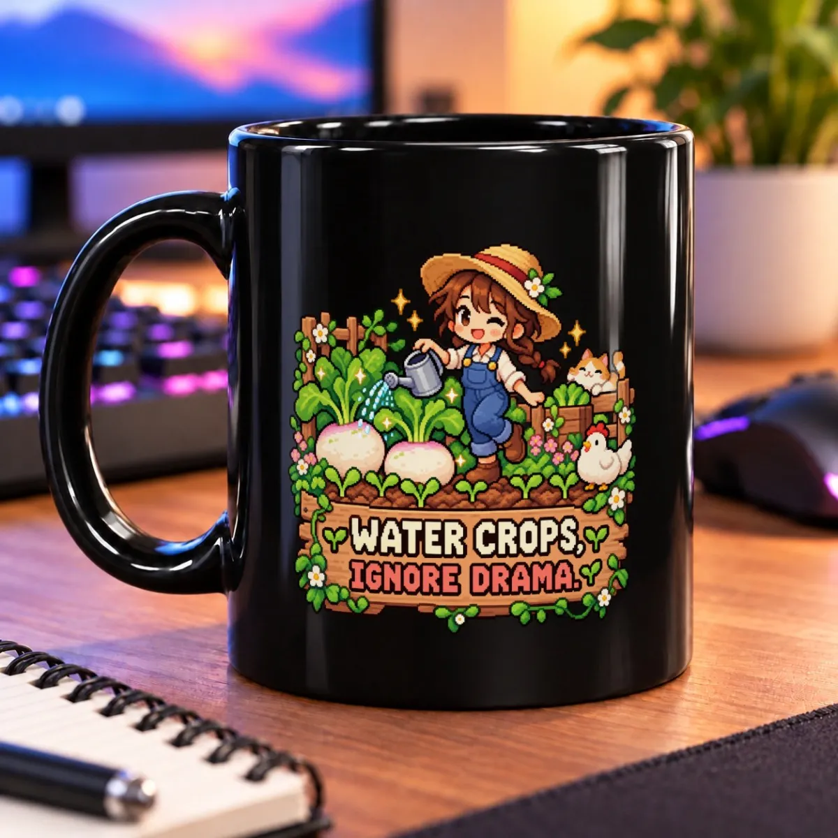Water Crops, Ignore Drama – 11oz Mug 3 Pixel-art gardener watering crops beside a cat and chicken, with “WATER CROPS, IGNORE DRAMA” below – black 11oz mug