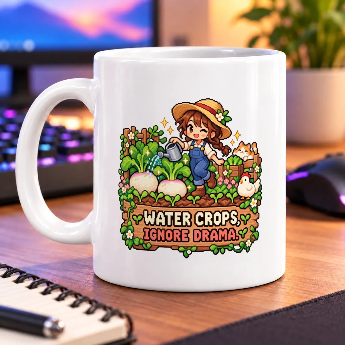 Pixel-art gardener watering crops beside a cat and chicken, with “WATER CROPS, IGNORE DRAMA” below – white 11oz mug
