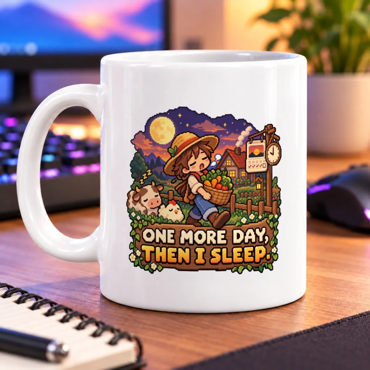 Pixel-art farmer carrying a harvest basket beneath a moon, with a sleeping pig and the design text – white 11oz mug
