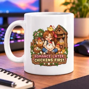 Pixel-art farm girl surrounded by cheerful chickens, flowers, eggs, and a wooden coop – white 11oz mug