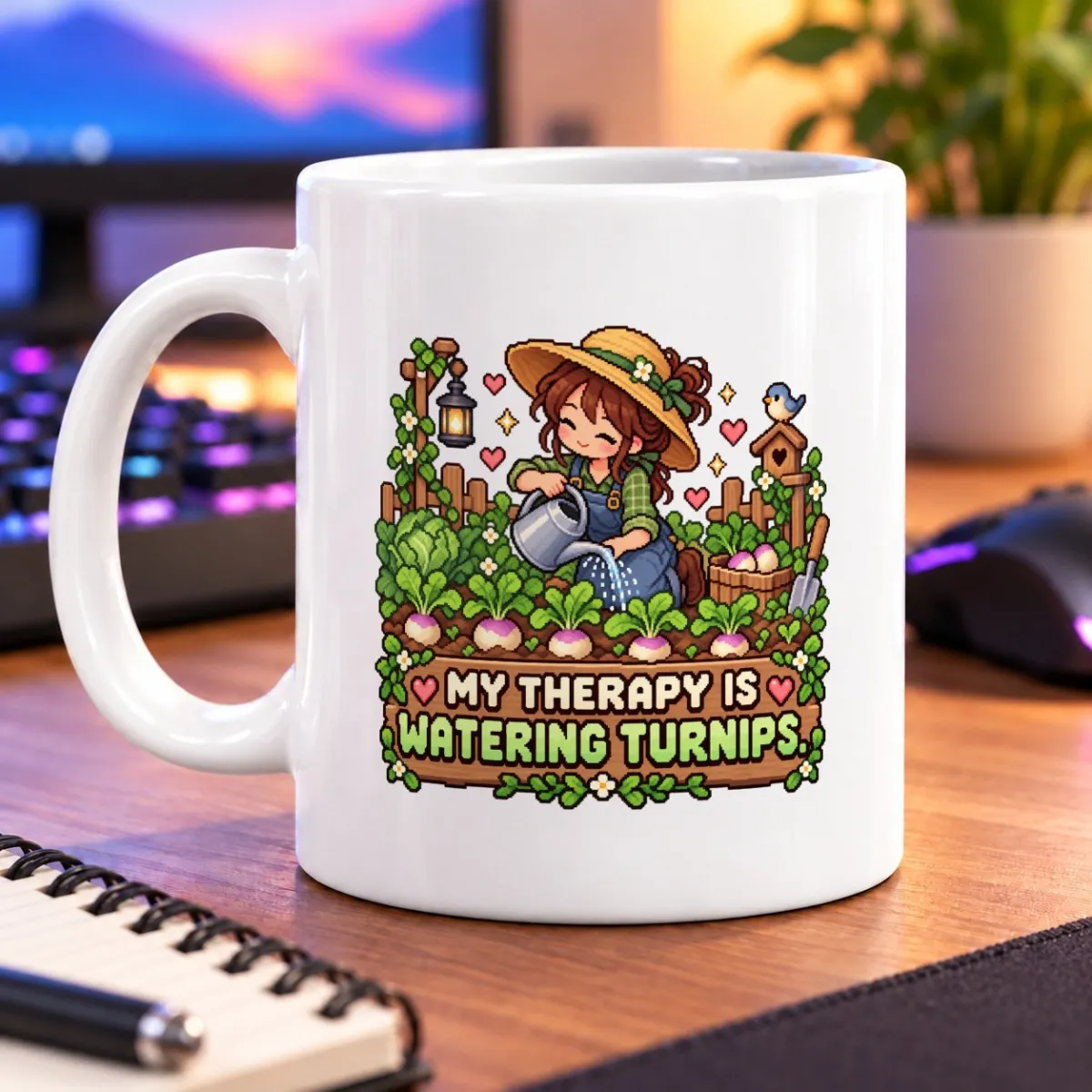Pixel-art gardener watering turnips beneath “MY THERAPY IS WATERING TURNIPS.” – white 11oz mug