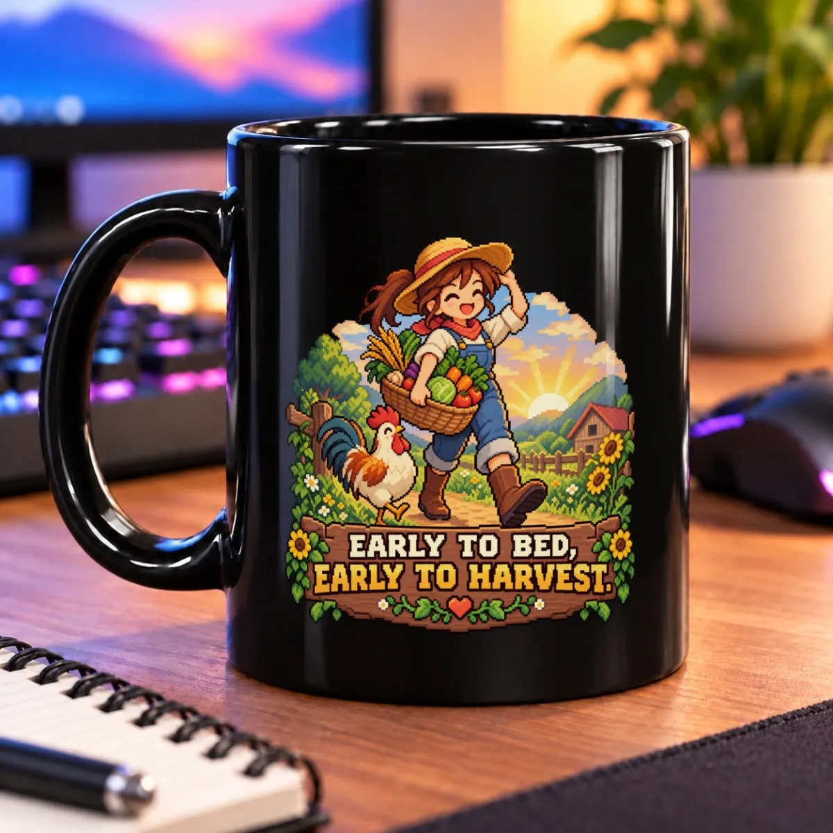 Early to Bed, Early to Harvest – 11oz Mug 3 Pixel-art farmer with a harvest basket, rooster, flowers, and a sunny countryside backdrop – black 11oz mug