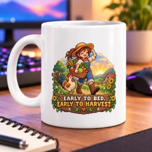 Pixel-art farmer with a harvest basket, rooster, flowers, and a sunny countryside backdrop – white 11oz mug