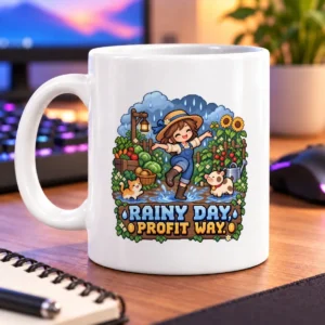 Pixel-art gardener splashing in the rain among vegetables, sunflowers, a cat, and a pig, with “RAINY DAY PROFIT WAY” – white 11oz mug