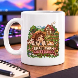 Pixel-art farm scene with a smiling farmer, cow, cat, flowers, and garden – white 11oz mug