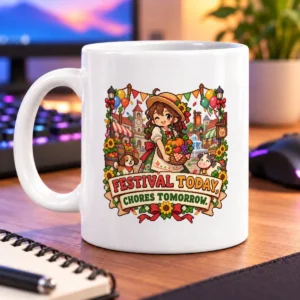 Pixel-art festival scene with a harvest basket, flowers, animals, and “FESTIVAL TODAY, CHORES TOMORROW!” – white 11oz mug