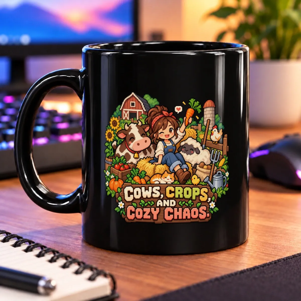 Cows, Crops, and Cozy Chaos – 11oz Mug 3 Pixel-art farm scene with a smiling farmer, animals, crops, and “COWS, CROPS, AND COZY CHAOS.” – black 11oz mug