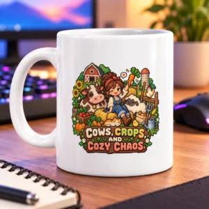 Pixel-art farm scene with a smiling farmer, animals, crops, and “COWS, CROPS, AND COZY CHAOS.” – white 11oz mug