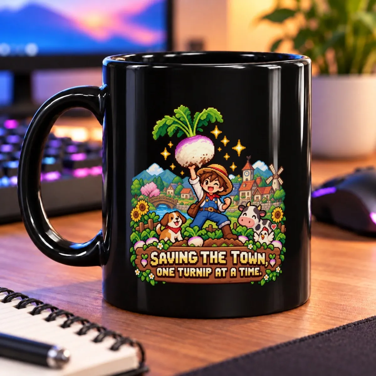 Saving the Town, One Turnip at a Time – 11oz Mug 3 Pixel-art farmer raises a giant turnip in a flower-filled village with friendly animals – black 11oz mug