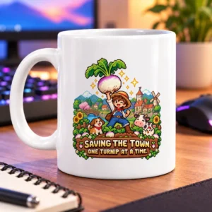 Pixel-art farmer raises a giant turnip in a flower-filled village with friendly animals – white 11oz mug
