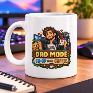Pixel-art gamer dad holding a controller and coffee, with hearts, a dog, and a cat – white 11oz mug