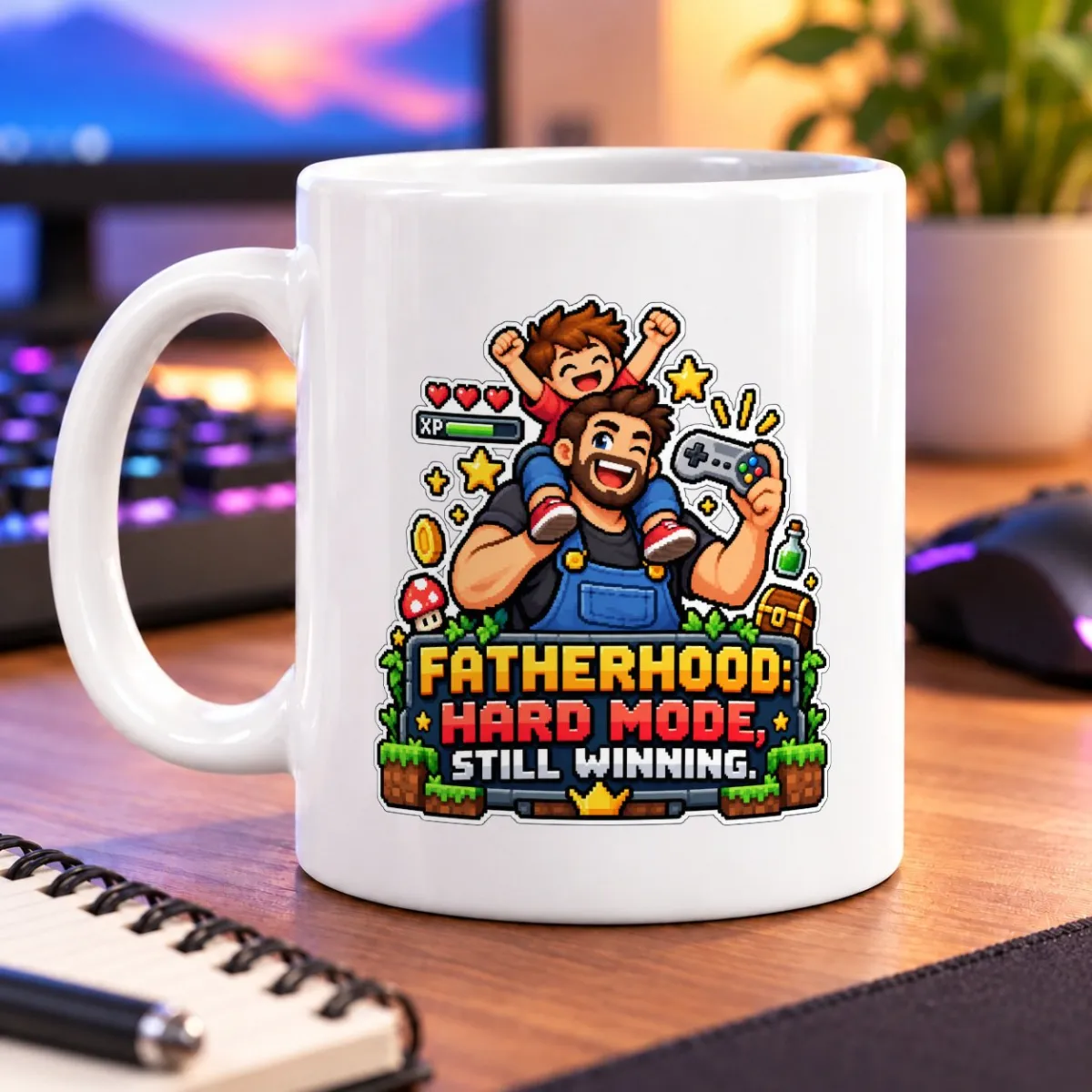 Pixel-art dad carrying a cheering child above a colorful adventure scene – white 11oz mug