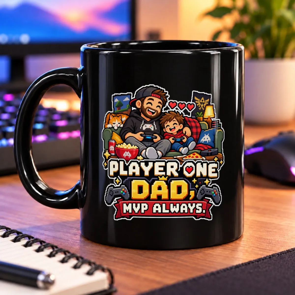 Player One Dad, MVP Always – 11oz Mug 3 Pixel-art dad and child gaming together beside the text “PLAYER ONE DAD, MVP ALWAYS.” – black 11oz mug