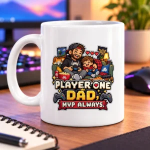 Pixel-art dad and child gaming together beside the text “PLAYER ONE DAD, MVP ALWAYS.” – white 11oz mug
