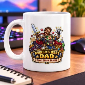 Pixel-art dad hero cuddling a baby, with a sword, controller, hearts, and treasure – white 11oz mug