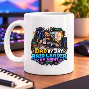 Pixel-art dad dozing at his gaming setup with a cat, surrounded by colorful gaming details and lettering – white 11oz mug