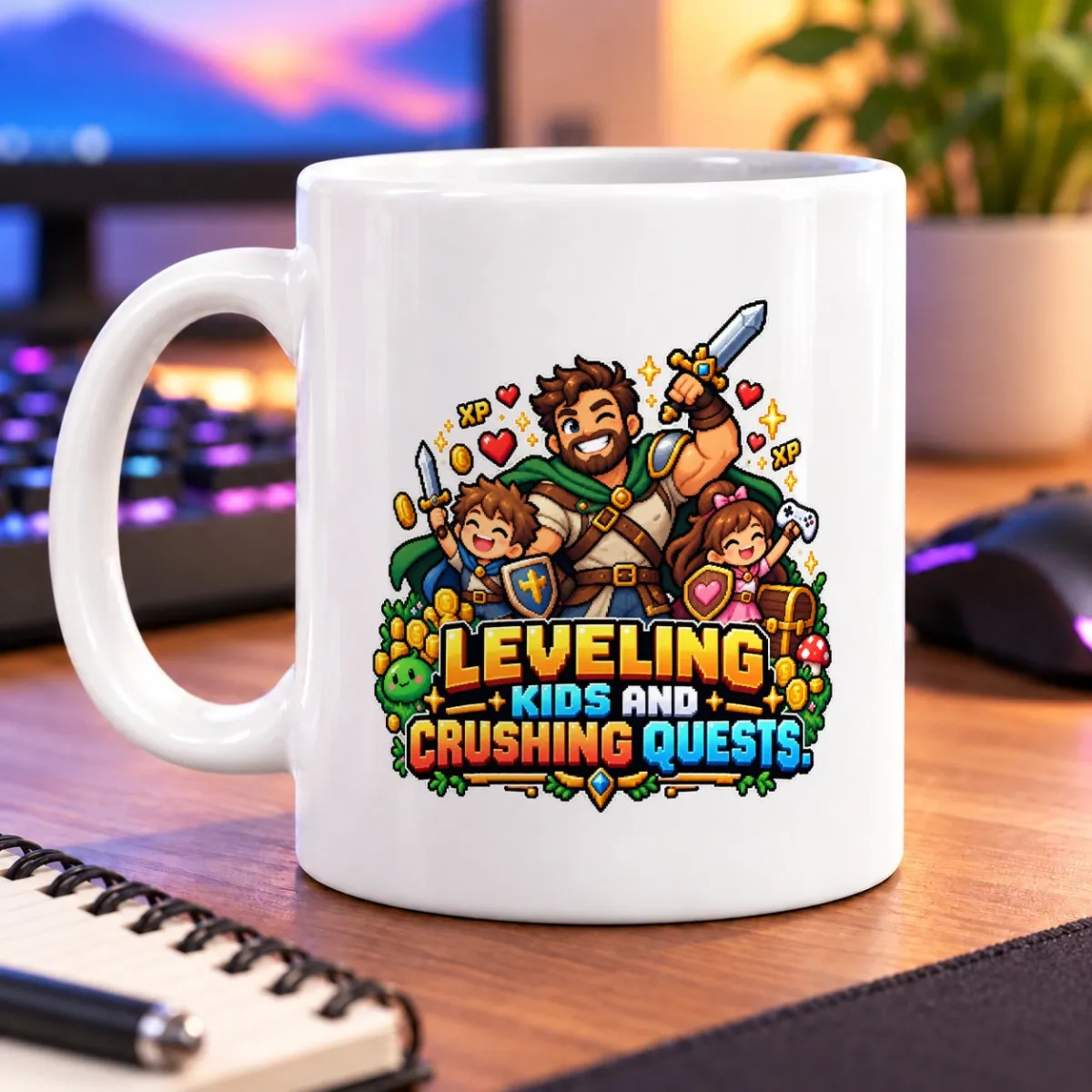 Pixel-art parent and children adventuring among hearts, treasure, and bold lettering – white 11oz mug