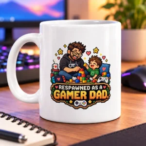 Pixel-art gamer dad and child playing together among colorful blocks, hearts, and stars – white 11oz mug