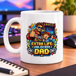Pixel-art dad and child giving thumbs up beside arcade details, hearts, stars, and bold lettering – white 11oz mug