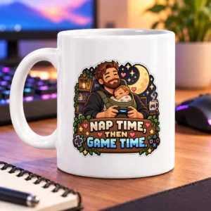 Pixel-art gamer cuddles a sleeping little one beneath a moon and stars, with hearts and leafy details – white 11oz mug