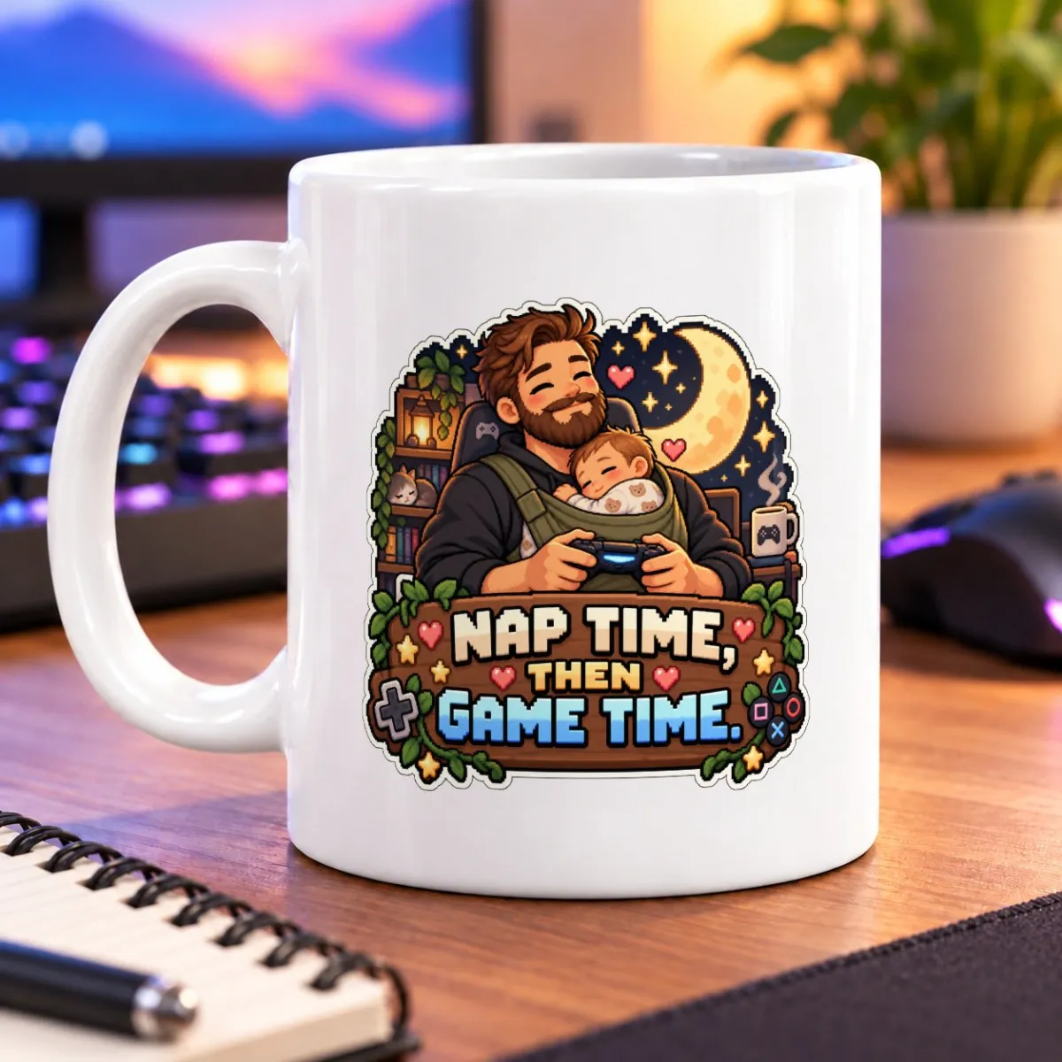 Pixel-art gamer cuddles a sleeping little one beneath a moon and stars, with hearts and leafy details – white 11oz mug