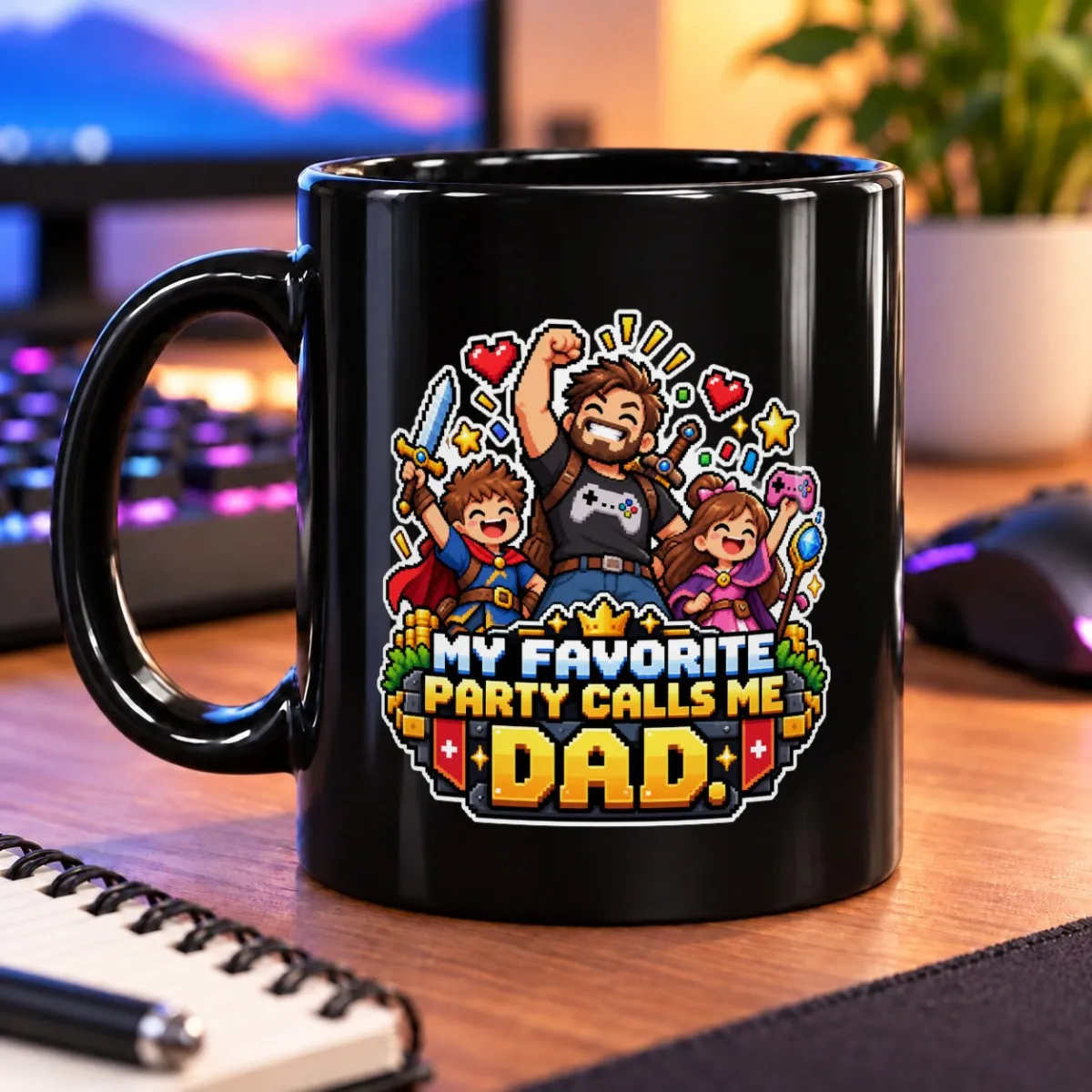 My Favorite Party Calls Me Dad – 11oz Mug 3 Pixel-art dad raises a fist beside two smiling young adventurers, with hearts, stars, and treasure – black 11oz mug