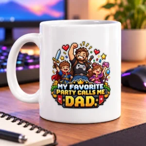 Pixel-art dad raises a fist beside two smiling young adventurers, with hearts, stars, and treasure – white 11oz mug