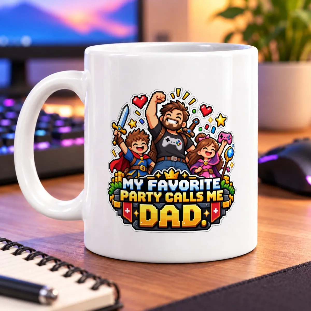 Pixel-art dad raises a fist beside two smiling young adventurers, with hearts, stars, and treasure – white 11oz mug