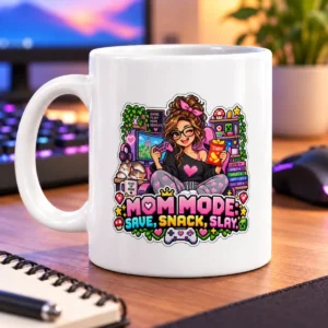 Pixel-art gamer mom with a controller, snacks, cats, and colorful gaming details – white 11oz mug
