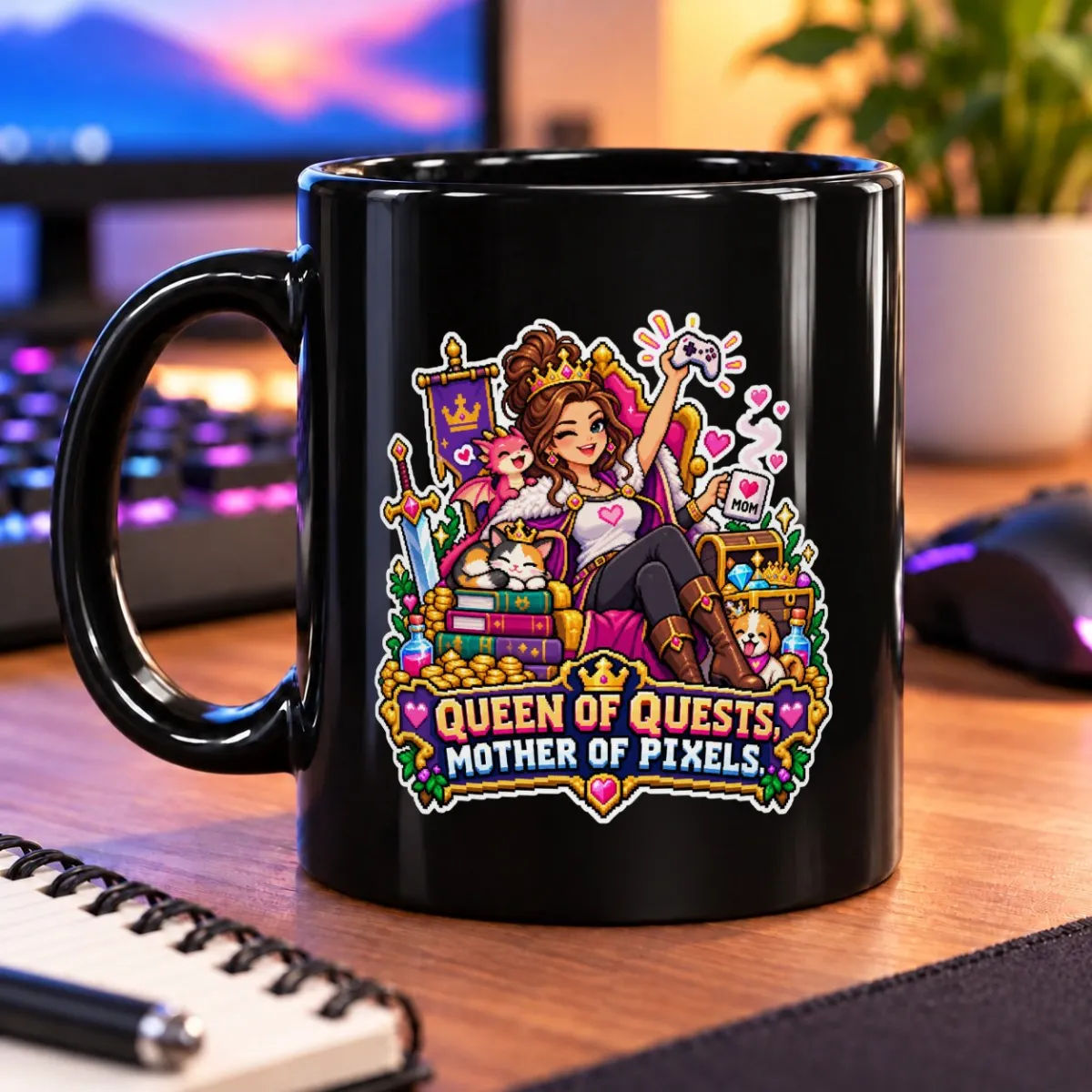 Queen of Quests, Mother of Pixels – 11oz Mug 3 Pixel-art gamer queen with pets, treasure, and a controller above a colorful slogan – black 11oz mug