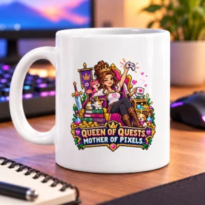 Pixel-art gamer queen with pets, treasure, and a controller above a colorful slogan – white 11oz mug