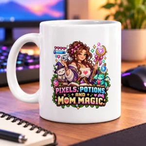 Pixel-art mom mage with a heart-tipped staff, potions, a game controller, and magical companions – white 11oz mug
