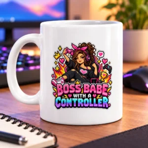 Gamer girl with a controller, pink hearts, sparkles, and colorful pixel-style lettering – white 11oz mug