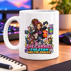 Pixel-art gamer mom with kids, a pet, snacks, and gaming gear – white 11oz mug