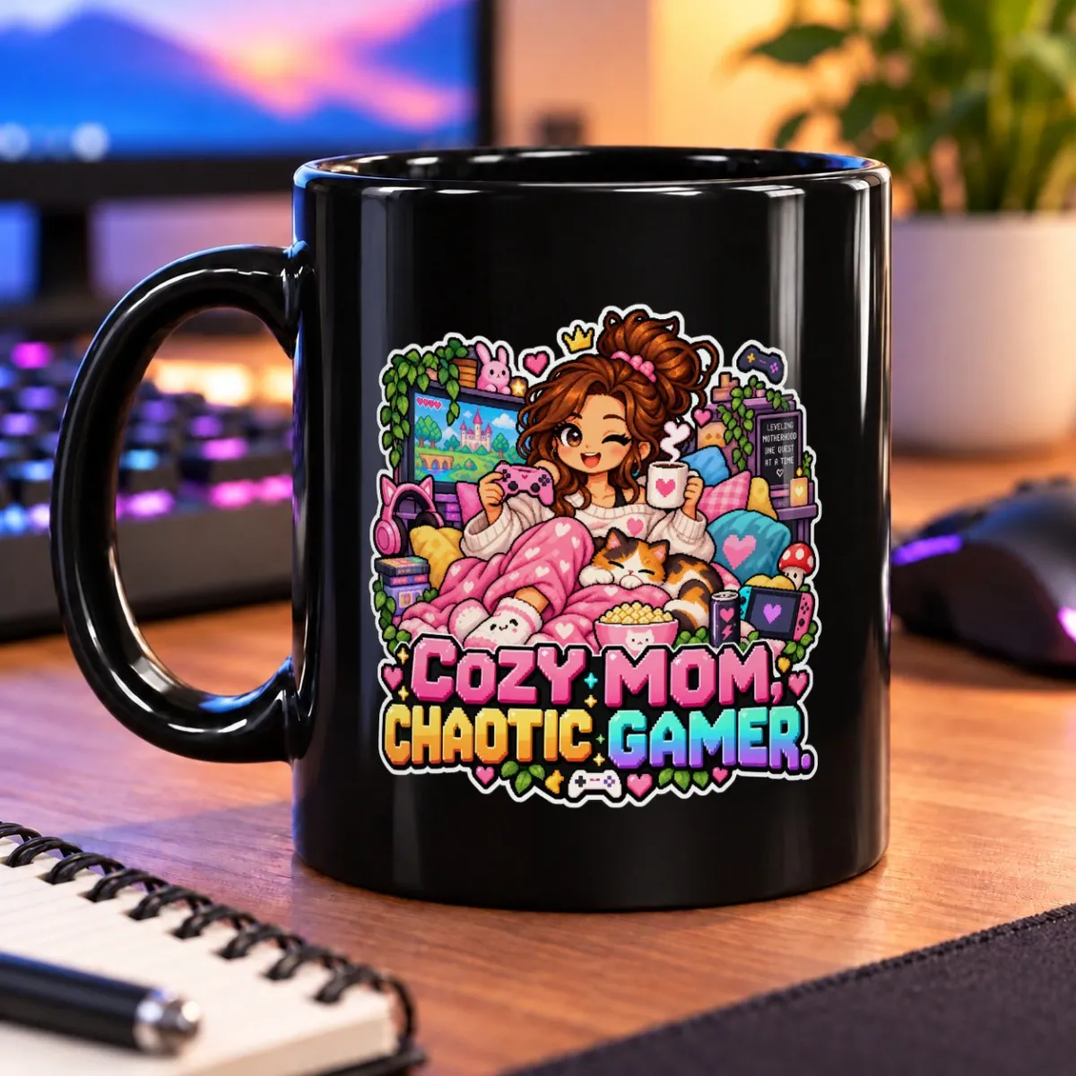 Cozy Mom, Chaotic Gamer – 11oz Mug 3 Pixel-art gamer mom relaxing with a cat, controller, and colorful gaming gear – black 11oz mug