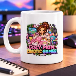 Pixel-art gamer mom relaxing with a cat, controller, and colorful gaming gear – white 11oz mug