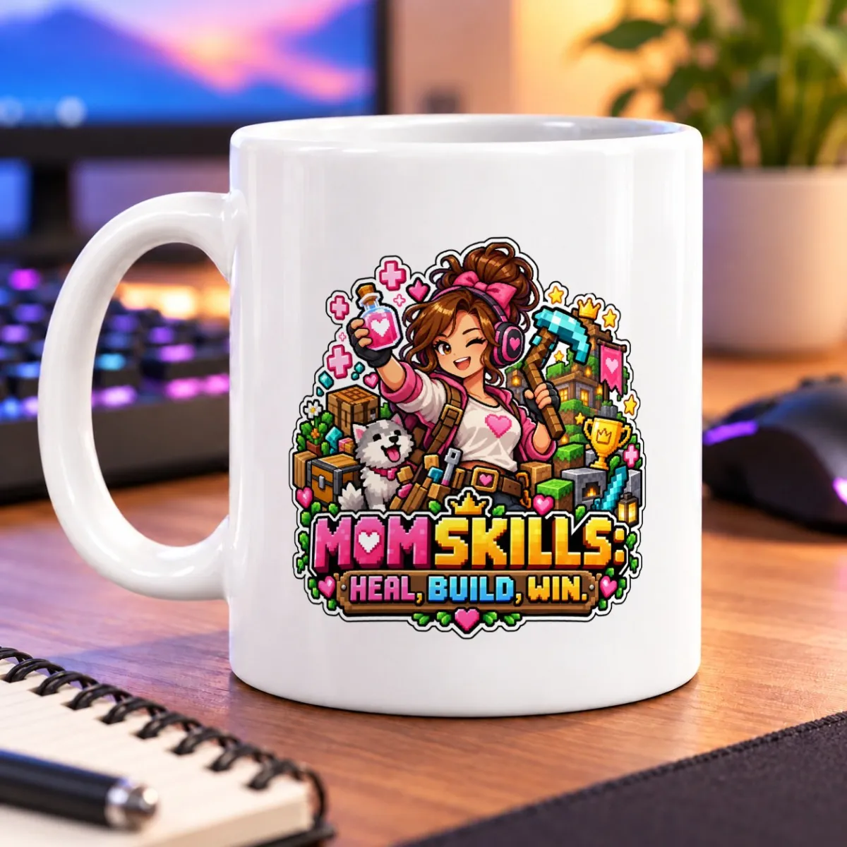 Pixel-art gamer mom with a potion and pickaxe beside a cheerful pet and the text “MOM SKILLS! HEAL, BUILD, WIN.” – white 11oz mug